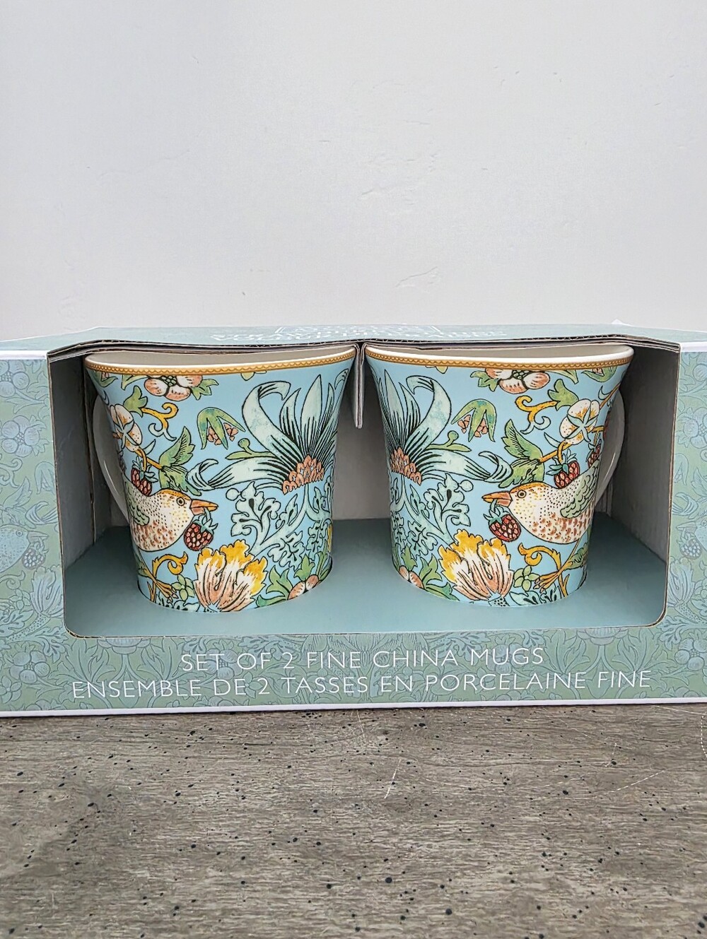 Set of 2 William Morris & Co Strawberry Thief Gold Rim Porcelain Mugs